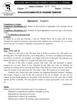 Première page de Anglais 5e — Évaluation sommative, 3e trimestre (2019-2020) · CPEG La Finesse