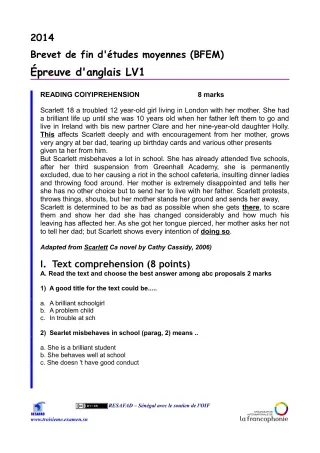 Première page de Épreuve d'Anglais, BFEM, année 2014, Sénégal