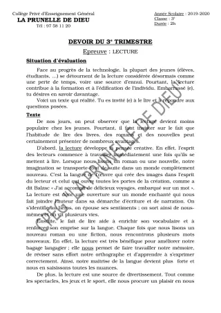 Première page de Français 3e, 3e ML — Devoir surveillé, 3e trimestre (2019-2020) · CEPG La Prunelle de Dieu