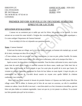 Première page de Français 5e — 1er devoir surveillé, 2e semestre (2020-2021) · CEG FIYEGNON
