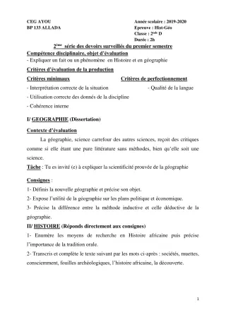 Première page de Histoire-Géographie 2nde D — 2e devoir surveillé, 1er semestre (2019-2020) · CEG AYOU