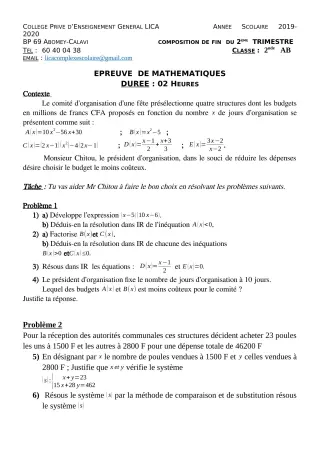 Première page de Mathématiques 2nde A2, 2nde B — 1re composition, 2e trimestre (2019-2020) · CPEG LICA
