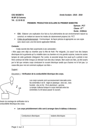 Première page de PCT 6e — 1re production scolaire, 1er semestre (2019-2020) · CEG SEGBEYA
