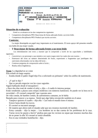 Première page de Espagnol Tle B — 3e devoir surveillé, 1er semestre (2022-2023) · CEG ZONGO