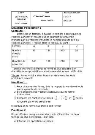 Première page de Mathématiques 5e — 2e devoir surveillé, 2e semestre (2019-2020) · CEG Honton