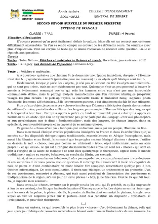 Première page de Français Tle A2 — 2e devoir surveillé, 1er semestre (2021-2022) · CEG SEKERE