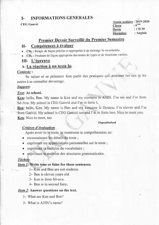 Première page de Histoire-Géographie 6e — 1er devoir surveillé, 1er semestre (2019-2020) · CEG Ganvié