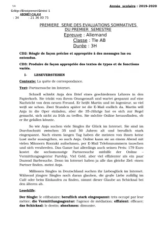 Première page de Allemand Tle A1, Tle A2, Tle B — 1re évaluation sommative, 1er semestre (2019-2020) · CEG1 Abomey-Calavi