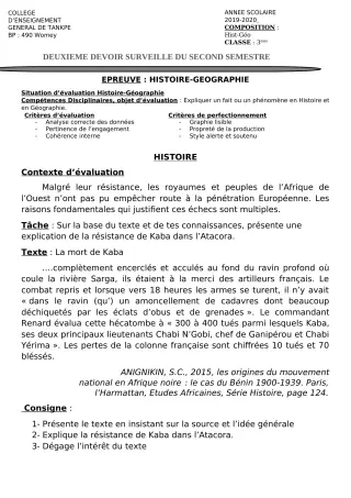 Première page de Histoire-Géographie 3e, 3e ML — 2e devoir surveillé, 2e semestre (2019-2020) · CEG Tankpè