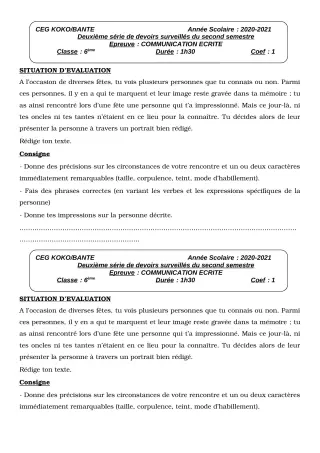 Première page de Français 6e, 5e, 4e, 4e ML, 3e, 3e ML, 2nde A2, 2nde D, 1ère A1, 1ère A2, 1ère D, Tle A1, Tle A2, Tle D — 2e devoir surveillé, 2e semestre (2020-2021) · CEG KOKO