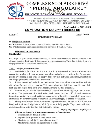 Première page de Anglais 3e, 3e ML — Composition (2019-2020) · CPEG PIERRE ANGULAIRE