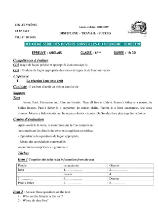 Première page de Anglais 6e, 5e, 4e, 4e ML, 3e, 3e ML, 2nde A & B, 2nde C, 2nde D, 1ère A2, 1ère B, 1ère C, 1ère D, Tle C, Tle D — 2e devoir surveillé (2018-2019) · CEG Les Pylônes