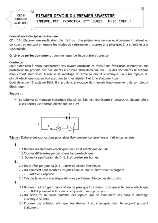 Première page de PCT 6e — Évaluation sommative, 1er semestre (2020-2021) · CEG 2 Djougou