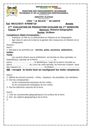 Première page de Histoire-Géographie 6e — 2e production scolaire, 1er semestre (2023-2024) · CPEG LA RELEVE
