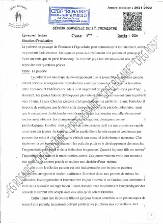 Première page de Français 3e, 3e ML — Devoir surveillé, 1er trimestre (2021-2022) · CPEG ROSAIRE