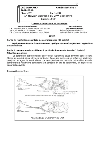 Première page de SVT 3e, 3e ML — Devoir surveillé, 2e semestre (2018-2019) · CEG Albarika