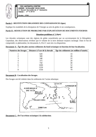 Première page de SVT 1ère D — 1er devoir surveillé, 1er semestre (2019-2020) · CEG 1 Akpakpa-Centre