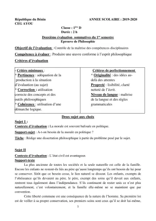 Première page de Philosophie 1ère D — 2e évaluation sommative, 1er semestre (2019-2020) · CEG AYOU