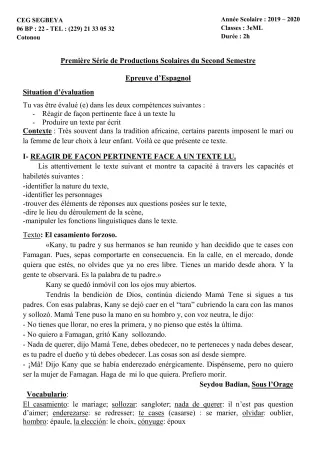 Première page de Espagnol 3e ML — 1re production scolaire, 2e semestre (2019-2020) · CEG SEGBEYA