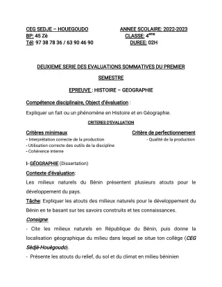 Première page de Histoire-Géographie 4e ML — 2022-2023 · CEG Sèdjè-Houègoudo
