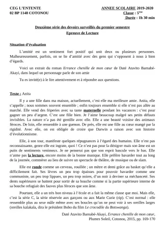Première page de Français 5e — 2e devoir surveillé, 1er semestre (2019-2020) · CEG L'Entente