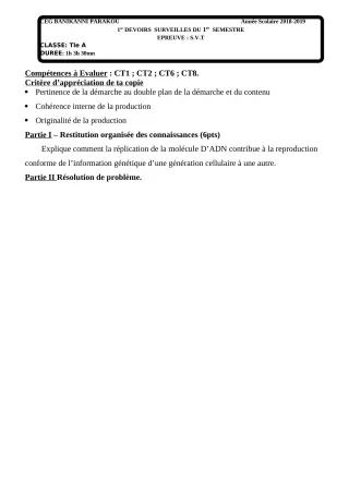 Première page de SVT 3e, 3e ML — 1er devoir surveillé, 1er semestre (2018-2019) · CEG Banikanni