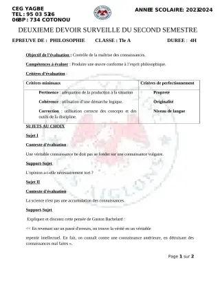 Première page de Philosophie Tle A1, Tle A2 — 2e devoir surveillé, 2e semestre (2023-2024) · CEG Yagbe