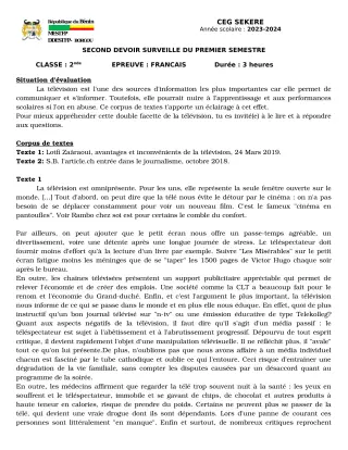 Première page de Français 2nde A2, 2nde D — 2e devoir surveillé, 1er semestre (2023-2024) · CEG SEKERE