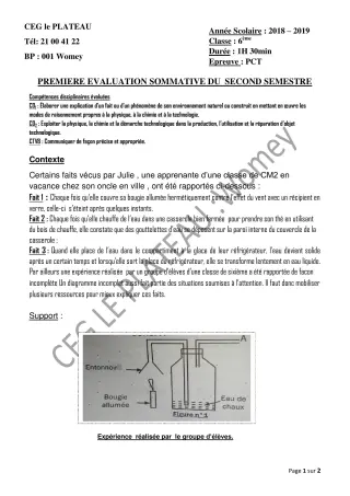 Première page de PCT 6e — 1re évaluation sommative, 2e semestre (2018-2019) · CEG Le Plateau