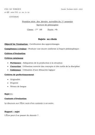Première page de Philosophie 1ère A1, 1ère A2, 1ère B — 1er devoir surveillé, 1er semestre (2020-2021) · CEG LE NOKOUE