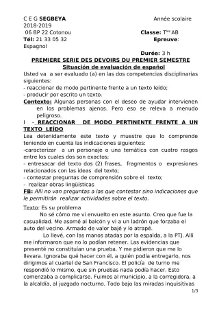 Première page de Espagnol Tle A2, Tle B — 1er devoir surveillé, 1er semestre (2018-2019) · CEG SEGBEYA