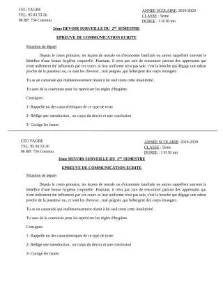 Première page de Français 5e — 2e devoir surveillé, 2e semestre (2019-2020) · CEG Yagbe