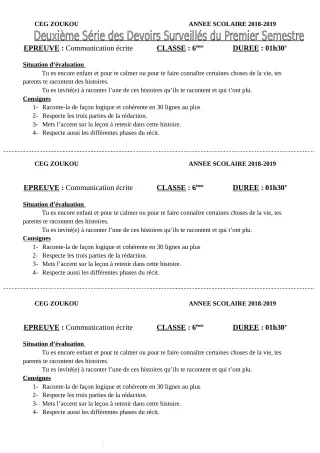 Première page de Français 6e, 5e, 4e, 4e ML, 3e, 3e ML, 2nde D, 1ère A, 1ère D — 2e devoir surveillé, 1er semestre (2018-2019) · CEG Zoukou