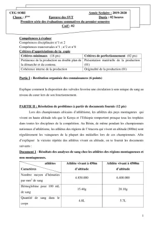 Première page de SVT 3e, 3e ML — 1re évaluation sommative, 1er semestre (2019-2020) · CEG SORI