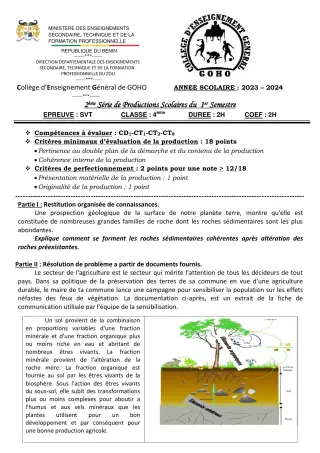 Première page de SVT 4e — 2e production scolaire, 1er semestre (2023-2024) · CEG GOHO