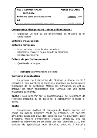 Première page de Histoire-Géographie 2nde B — 1re évaluation sommative, 1er semestre (2023-2024) · CEG2 ABOMEY - CALAVI (CEG ZOCA)