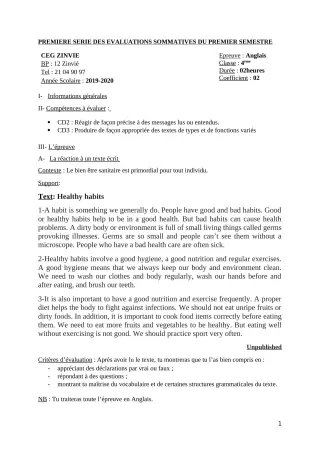 Première page de PCT 4e ML — 1re évaluation sommative, 1er semestre (2019-2020) · CEG Zinvié