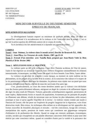 Première page de Français Tle A1, Tle A2, Tle B, Tle C, Tle D — 1er devoir surveillé, 2e semestre (2019-2020) · CEG FIYEGNON