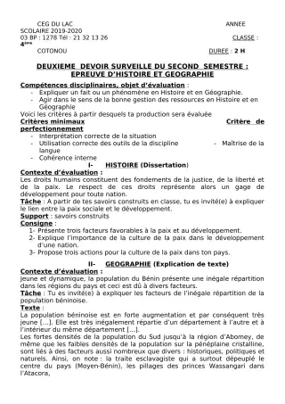 Première page de Histoire-Géographie 4e ML — 2e devoir surveillé, 2e semestre (2019-2020) · CEG du Lac