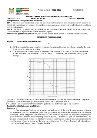 Première page de PCT Tle D — 2e devoir surveillé, 1er semestre (2022-2023) · CEG SEKERE