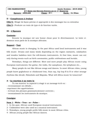Première page de Anglais 5e — 2e devoir surveillé, 1er semestre (2019-2020) · CEG MAREGOUROU