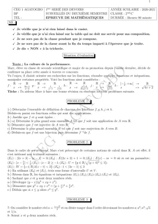 Première page de Mathématiques 2nde C — Composition, 2e semestre (2020-2021) · CEG 1 Agatogbo