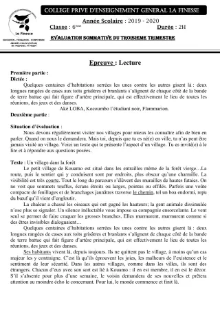 Première page de Français 6e — Évaluation sommative, 3e trimestre (2019-2020) · CPEG La Finesse