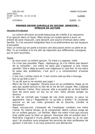 Première page de Français 3e, 3e ML — 1er devoir surveillé, 2e semestre (2020-2021) · CEG du Lac