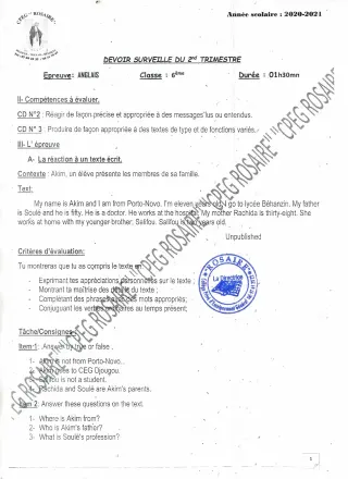 Première page de Anglais 6e — 2020-2021 · CPEG ROSAIRE