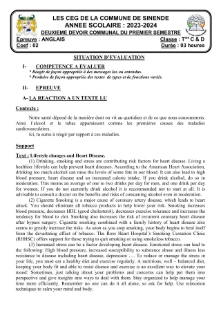 Première page de Anglais Tle D — 2e devoir surveillé, 1er semestre (2023-2024) · CEG SEKERE