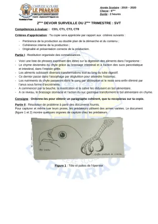 Première page de SVT 6e — 2e devoir surveillé, 2e trimestre (2019-2020) · CPEG LE PHARAON