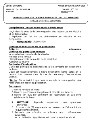Première page de Histoire-Géographie 4e, 4e ML, 2nde C, 2nde D — 2e devoir surveillé, 2e semestre (2019-2020) · CEG Le Littoral