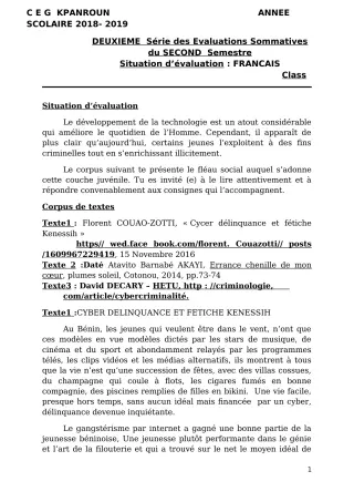 Première page de Français Tle A2, Tle D — 2e évaluation sommative, 2e semestre (2018-2019) · CEG Kpanroun