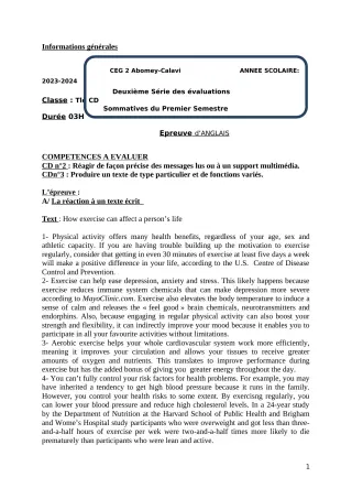 Première page de Anglais Tle D — 2e évaluation sommative, 1er semestre (2023-2024) · CEG2 ABOMEY - CALAVI (CEG ZOCA)